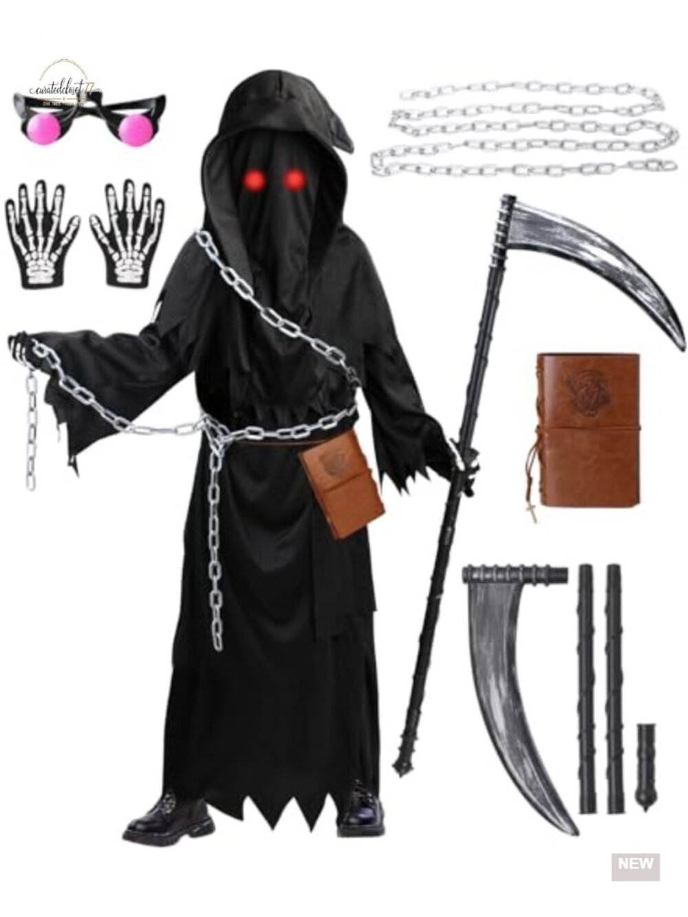 Kids Grim Reaper Costume 7 PC Set Scythe Glowing Glasses
